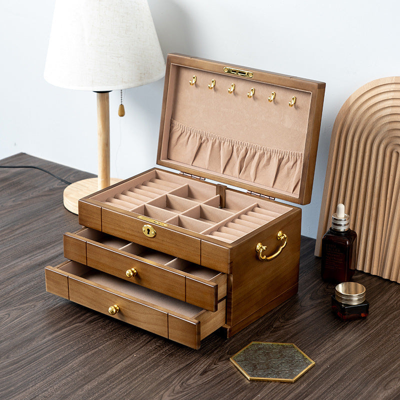 COFFRET À BIJOUX RÉTRO EN BOIS MASSIF AVEC SERRURE
