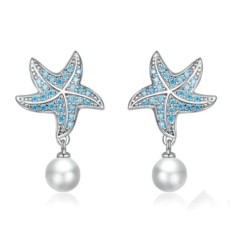 Boucles d'oreilles à tige en forme d'étoile de mer en zircon bleu océan Boucles d'oreilles pendantes en perles de coquillage