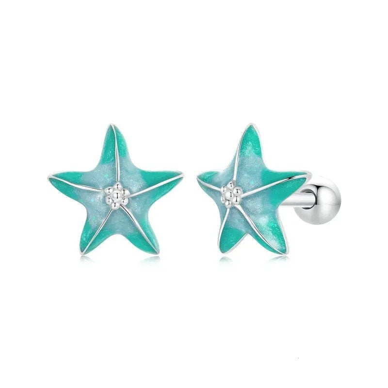 Boucles d'oreilles à tige en forme d'étoile de mer bleue, boucles d'oreilles simples plaquées platine