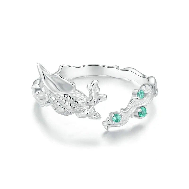Bague ouverte conque incrustée de zircones cubiques vertes, série Ocean, bagues réglables