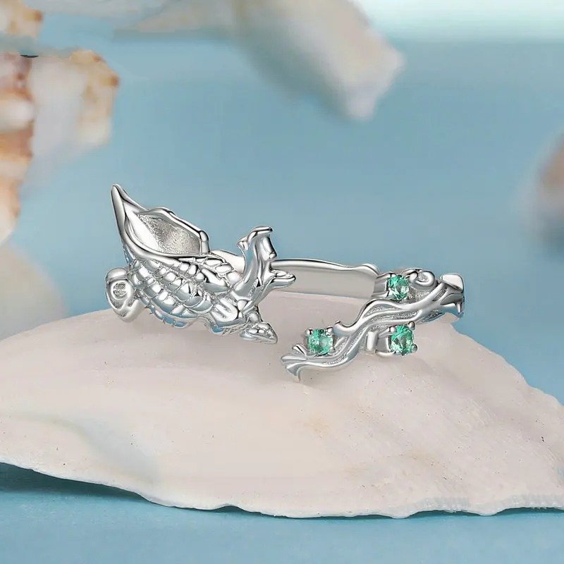 Bague ouverte conque incrustée de zircones cubiques vertes, série Ocean, bagues réglables