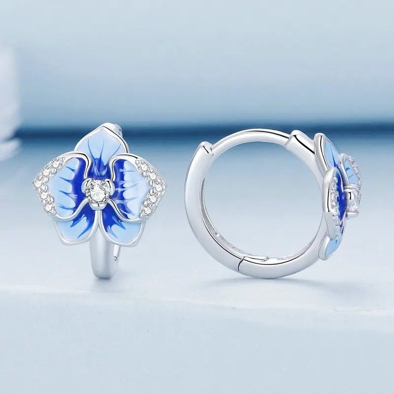 Boucles d'oreilles à clip en émail bleu, motif orchidée papillon, fleur de phalaenopsis