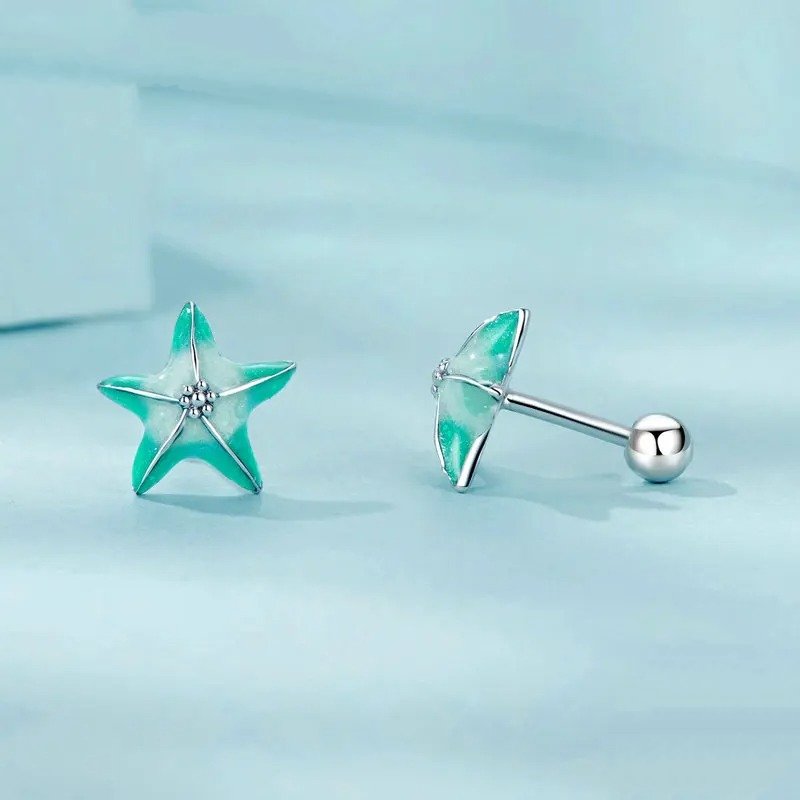 Boucles d'oreilles à tige en forme d'étoile de mer bleue, boucles d'oreilles simples plaquées platine