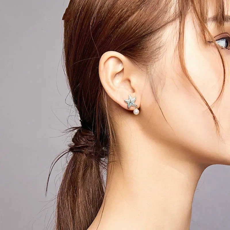 Boucles d'oreilles à tige en forme d'étoile de mer en zircon bleu océan Boucles d'oreilles pendantes en perles de coquillage