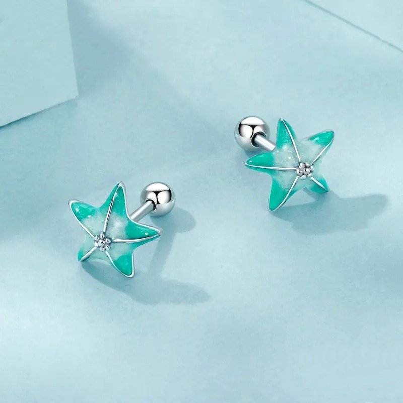 Boucles d'oreilles à tige en forme d'étoile de mer bleue, boucles d'oreilles simples plaquées platine