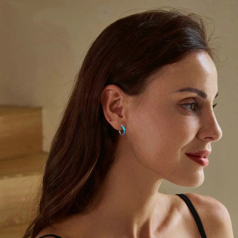 Boucles d'oreilles créoles en opale pour femme plaquées or blanc