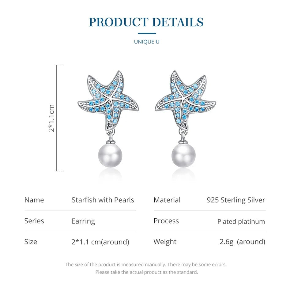 Boucles d'oreilles à tige en forme d'étoile de mer en zircon bleu océan Boucles d'oreilles pendantes en perles de coquillage