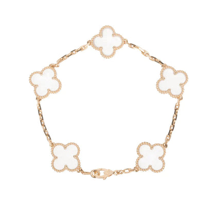 [Joyas Regalia] PULSERA DE ORO ROSA CON CRISTAL DE ROCA Y 5 MOTIVOS DE TRÉBOL