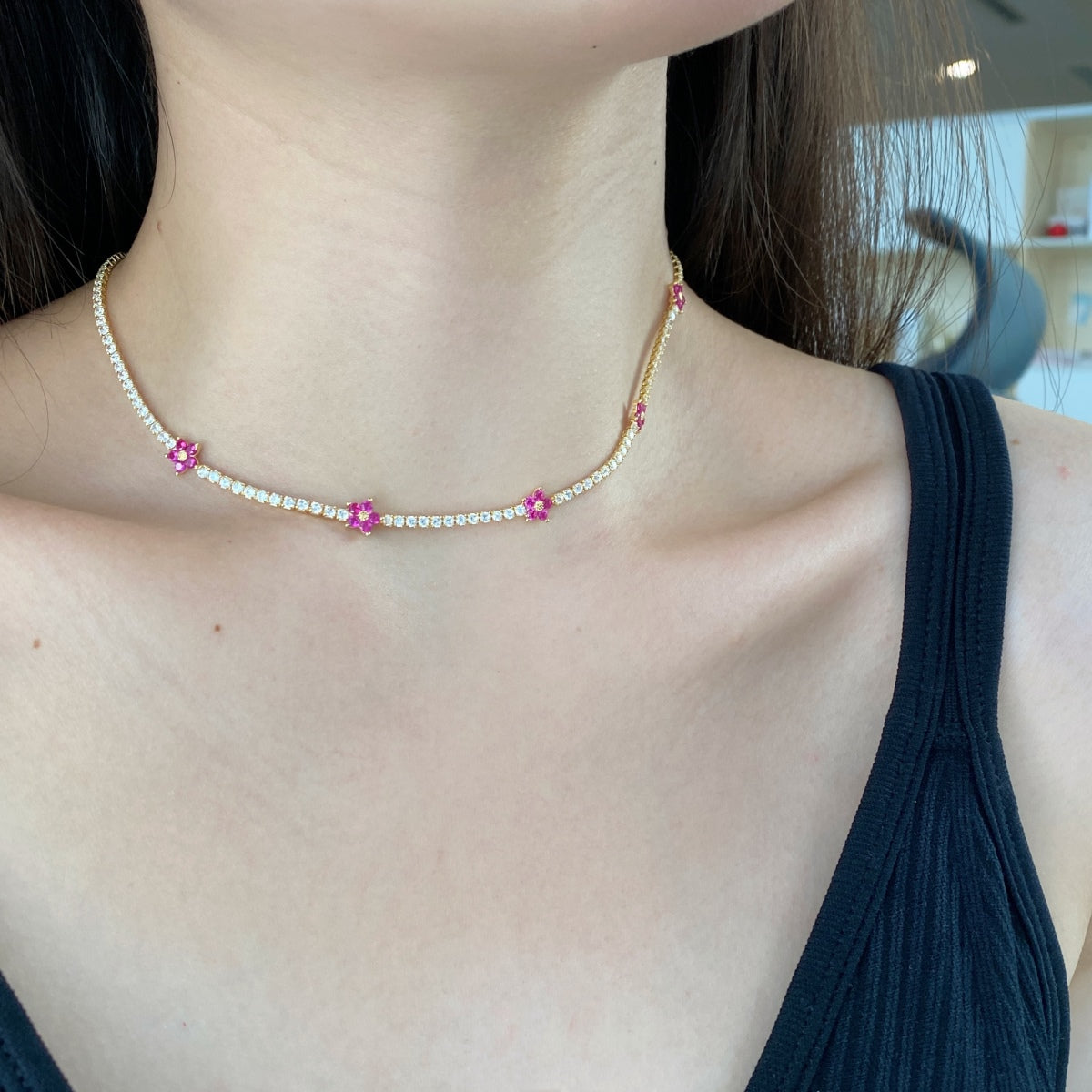 [Bijoux Regalia] Collier tennis luxueux à fleurs colorées