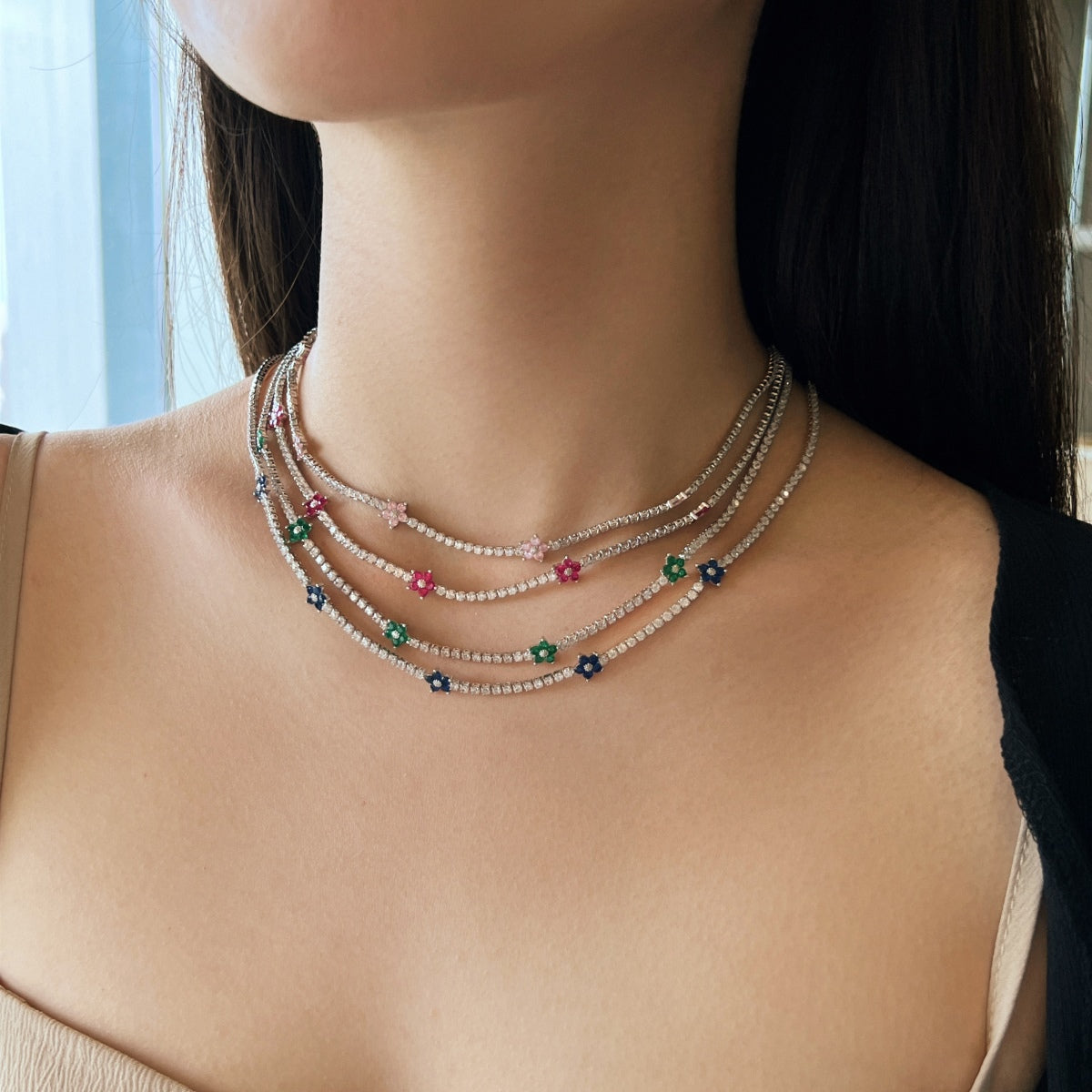 [Bijoux Regalia] Collier tennis luxueux à fleurs colorées