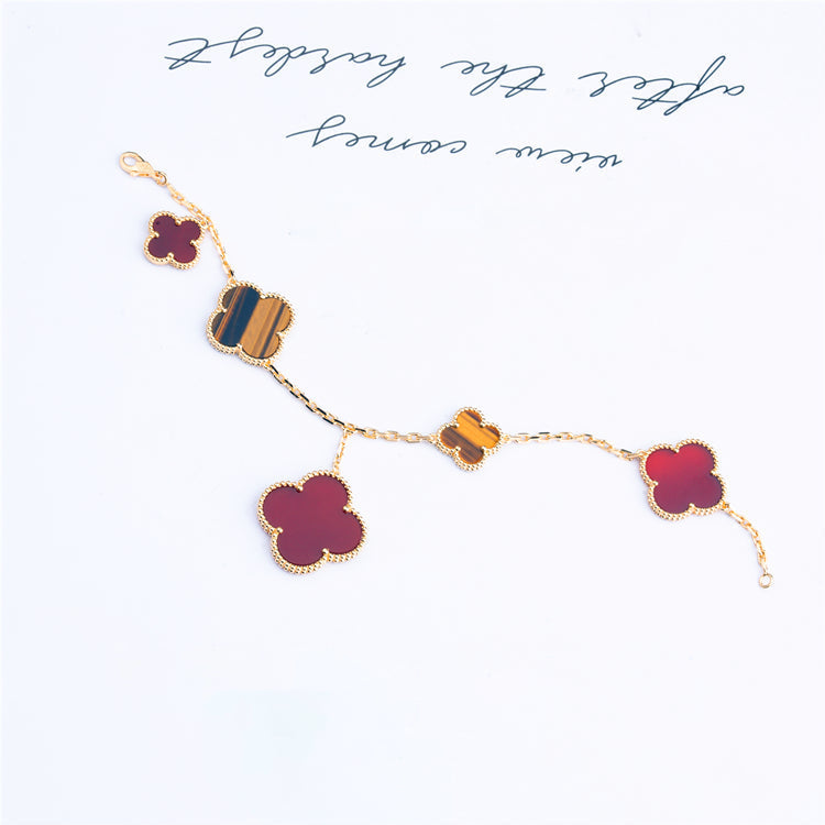 [Joyas Regalia]PULSERA TRÉBOL 5 MOTIVOS CORNALINA OJO DE TIGRE