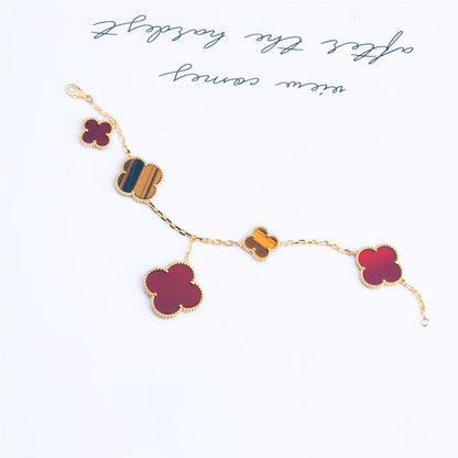 [Joyas Regalia]PULSERA TRÉBOL 5 MOTIVOS CORNALINA OJO DE TIGRE