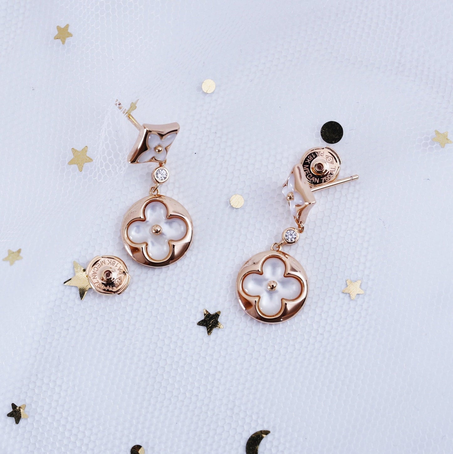 [Joyas Regalia] PENDIENTES DE GOTA DE MOPA DE ORO ROSA CON ESTRELLA Y SOL
