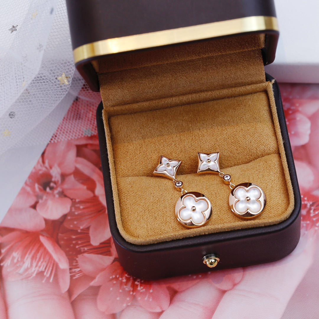 [Joyas Regalia] PENDIENTES DE GOTA DE MOPA DE ORO ROSA CON ESTRELLA Y SOL