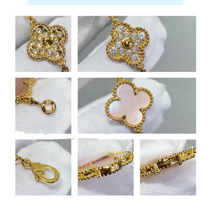 [Joyas Regalia] PULSERA DE ORO ROSA CON 5 MOTIVOS DE TRÉBOL Y DIAMANTES ROSA