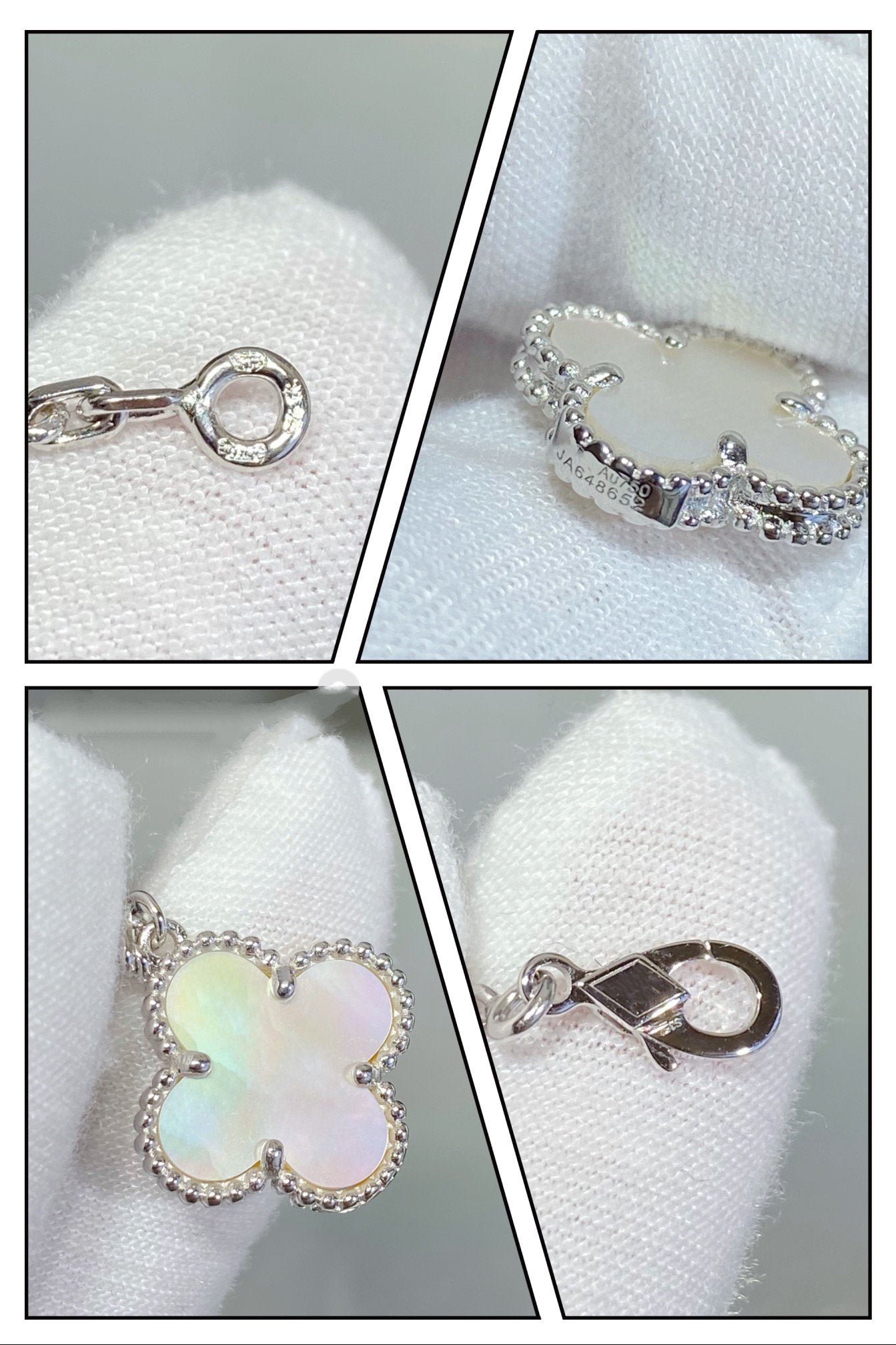 [Joyas Regalia] PULSERA DE PLATA CON 5 MOTIVOS DE TRÉBOL Y MOPA BLANCA