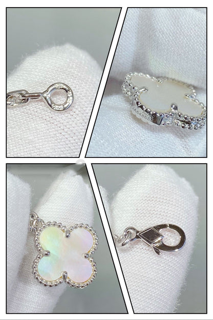 [Joyas Regalia] PULSERA DE PLATA CON 5 MOTIVOS DE TRÉBOL Y MOPA BLANCA