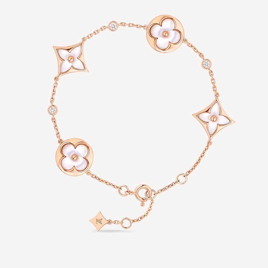 [Joyas Regalia] PULSERA DE ORO ROSA CON 4 MOTIVOS DE ESTRELLA Y SOL EN BLANCO 