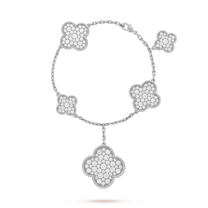 [Joyas Regalia] PULSERA DE PLATA Y DIAMANTES CON 6 MOTIVOS DE TRÉBOL