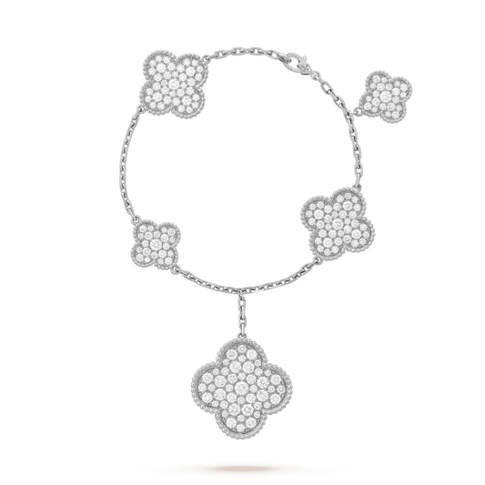 [Joyas Regalia] PULSERA DE PLATA Y DIAMANTES CON 6 MOTIVOS DE TRÉBOL