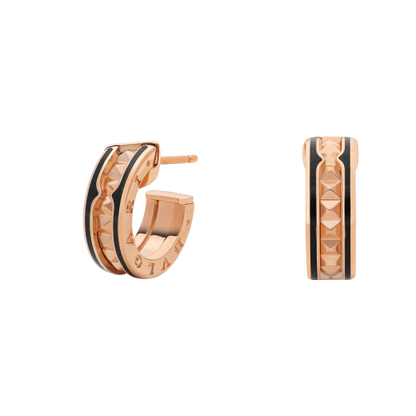 [Regalia jewelry]ZERO 1 ROCK PINK GOLD EARRINGS WITH STUDDED SPIRAL AND BLACK CERAMIC