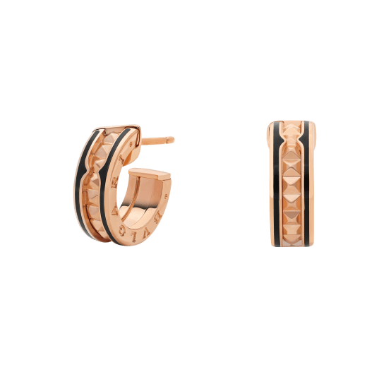 [Regalia jewelry]ZERO 1 ROCK PINK GOLD EARRINGS WITH STUDDED SPIRAL AND BLACK CERAMIC