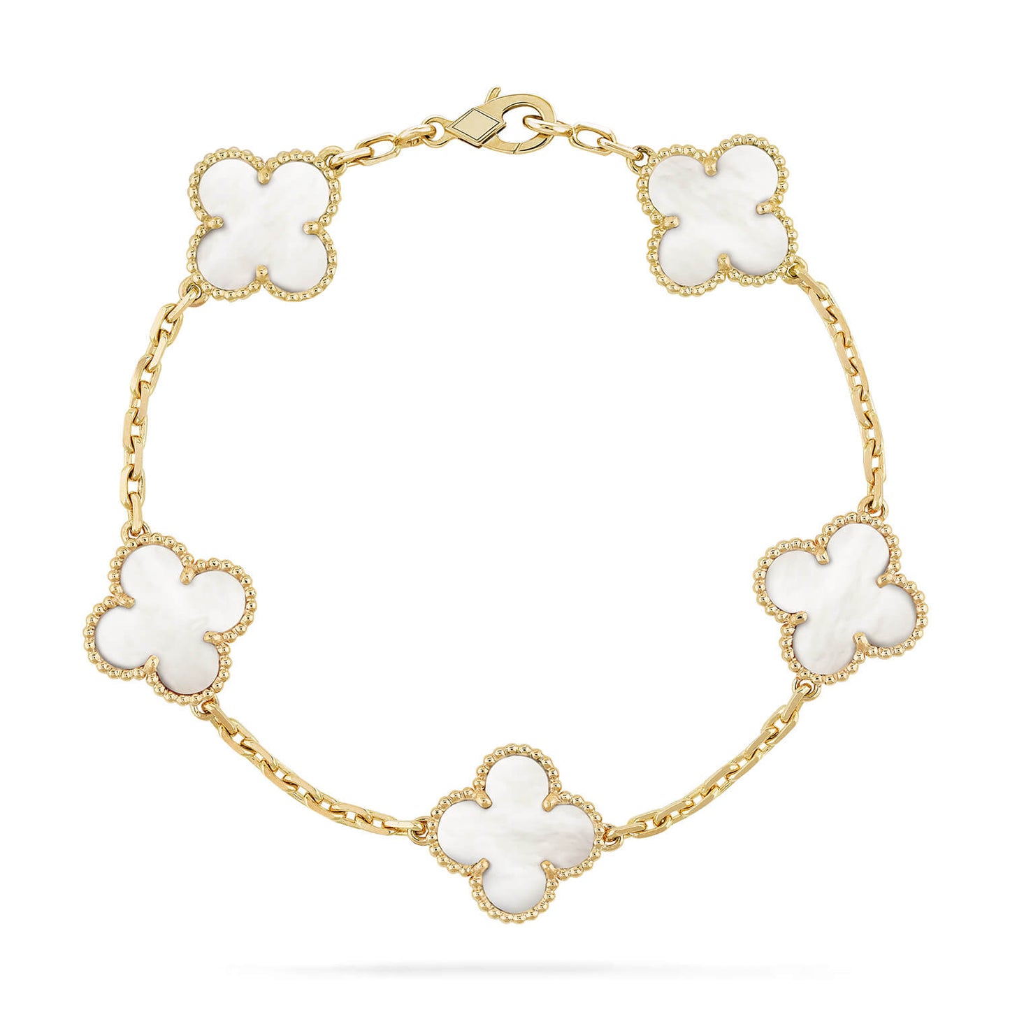 [Joyas Regalia] PULSERA DE TRÉBOL CON 5 MOTIVOS DE MOPA BLANCA 