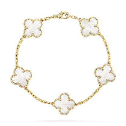 [Joyas Regalia] PULSERA DE TRÉBOL CON 5 MOTIVOS DE MOPA BLANCA 