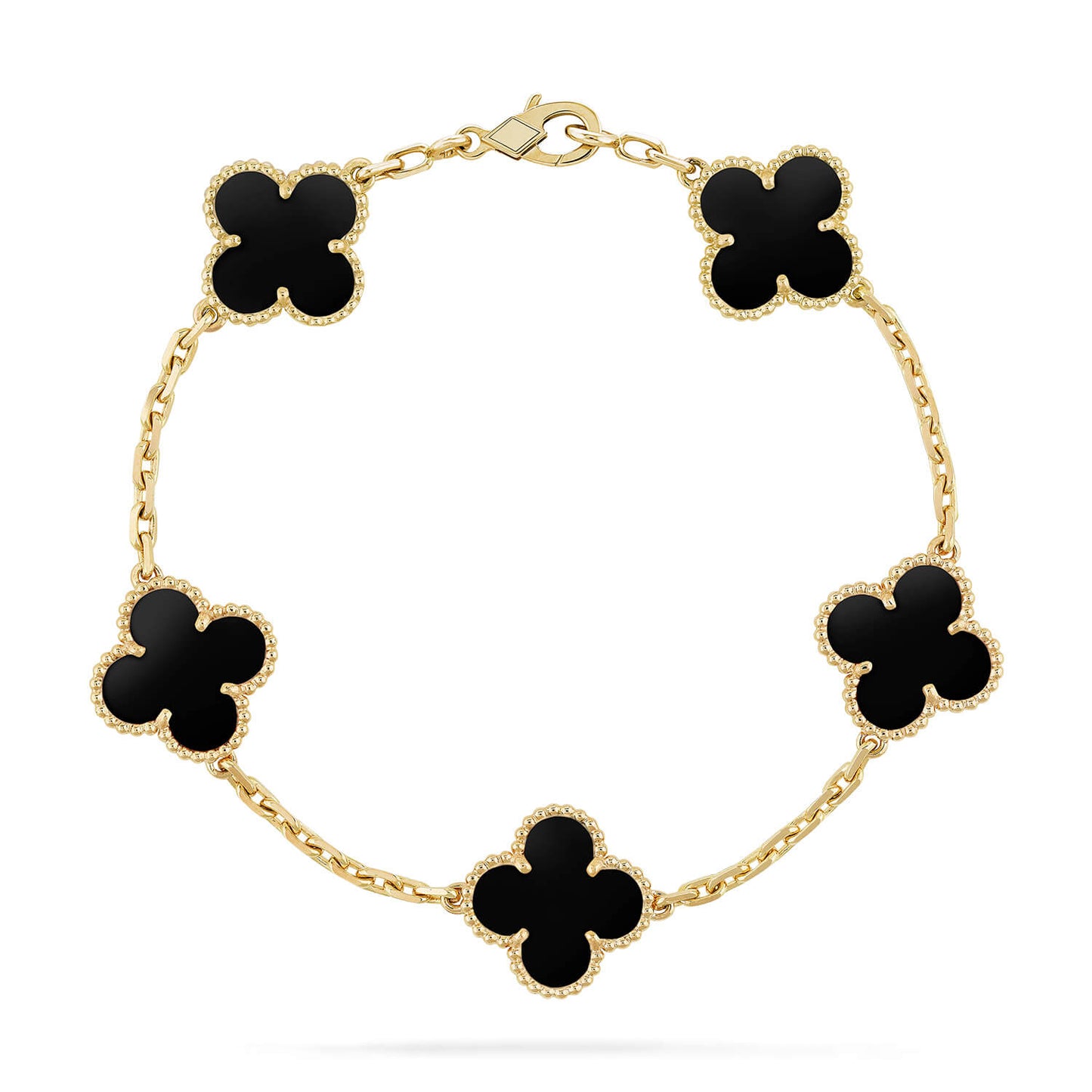 [Joyas Regalia] PULSERA DE ÓNIX NEGRO CON 5 MOTIVOS DE TRÉBOL 