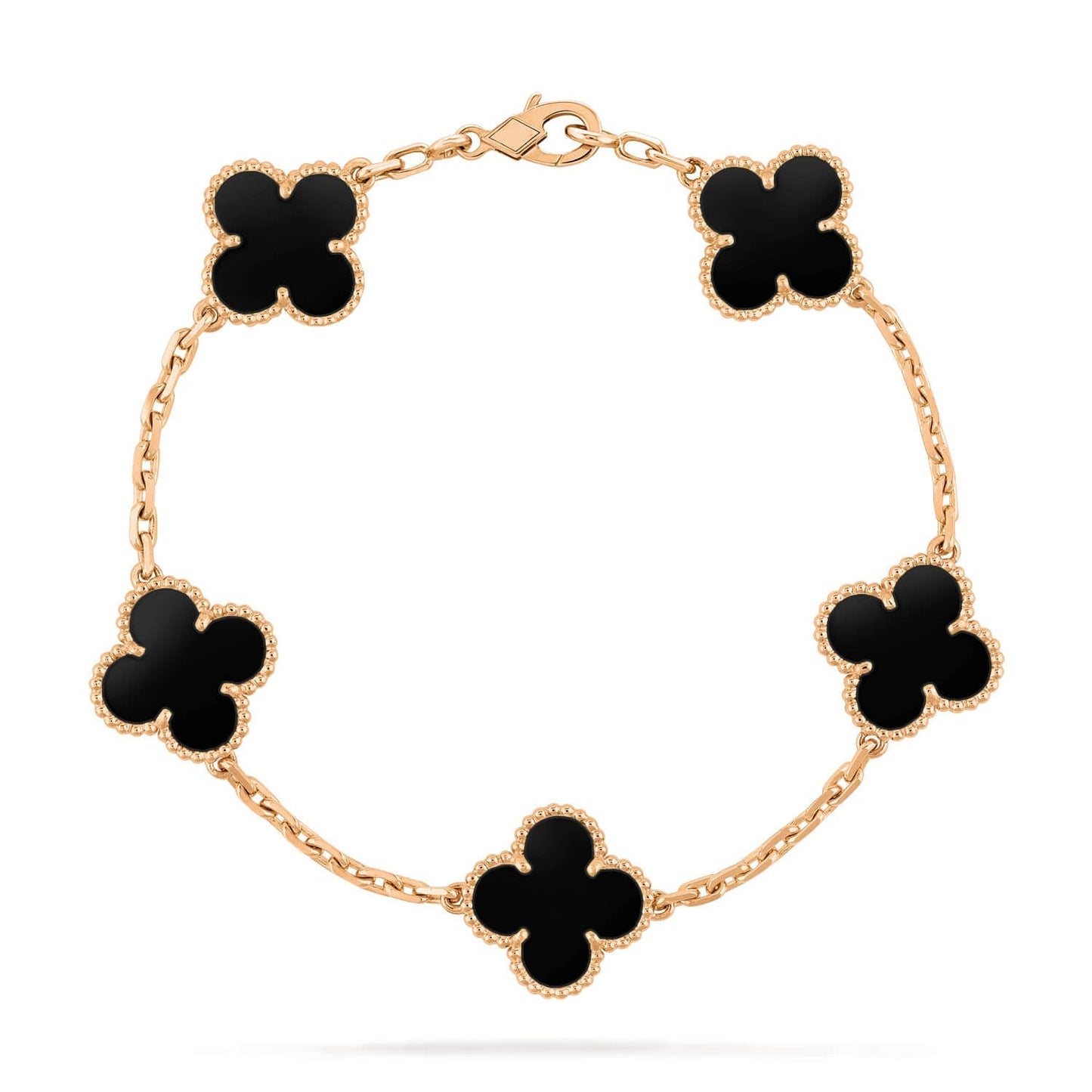 [Joyas Regalia] PULSERA DE ÓNIX NEGRO CON 5 MOTIVOS DE TRÉBOL 