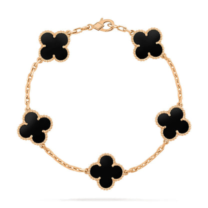 [Joyas Regalia] PULSERA DE ÓNIX NEGRO CON 5 MOTIVOS DE TRÉBOL 