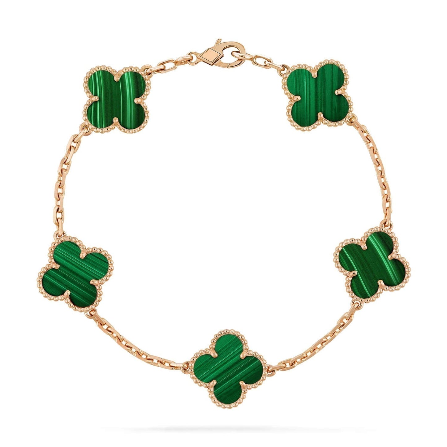 [Joyas Regalia] PULSERA DE MALAQUITA CON 5 MOTIVOS DE TRÉBOL 