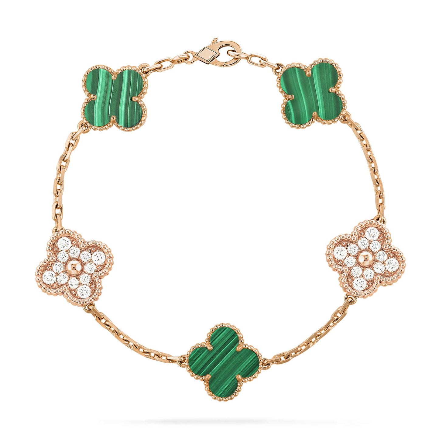 [Joyas Regalia] PULSERA DE MALAQUITA Y DIAMANTES CON 5 MOTIVOS DE TRÉBOL