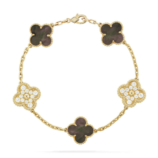 [Joyas Regalia] PULSERA DE DIAMANTES CON 5 MOTIVOS DE TRÉBOL EN COLOR GRIS