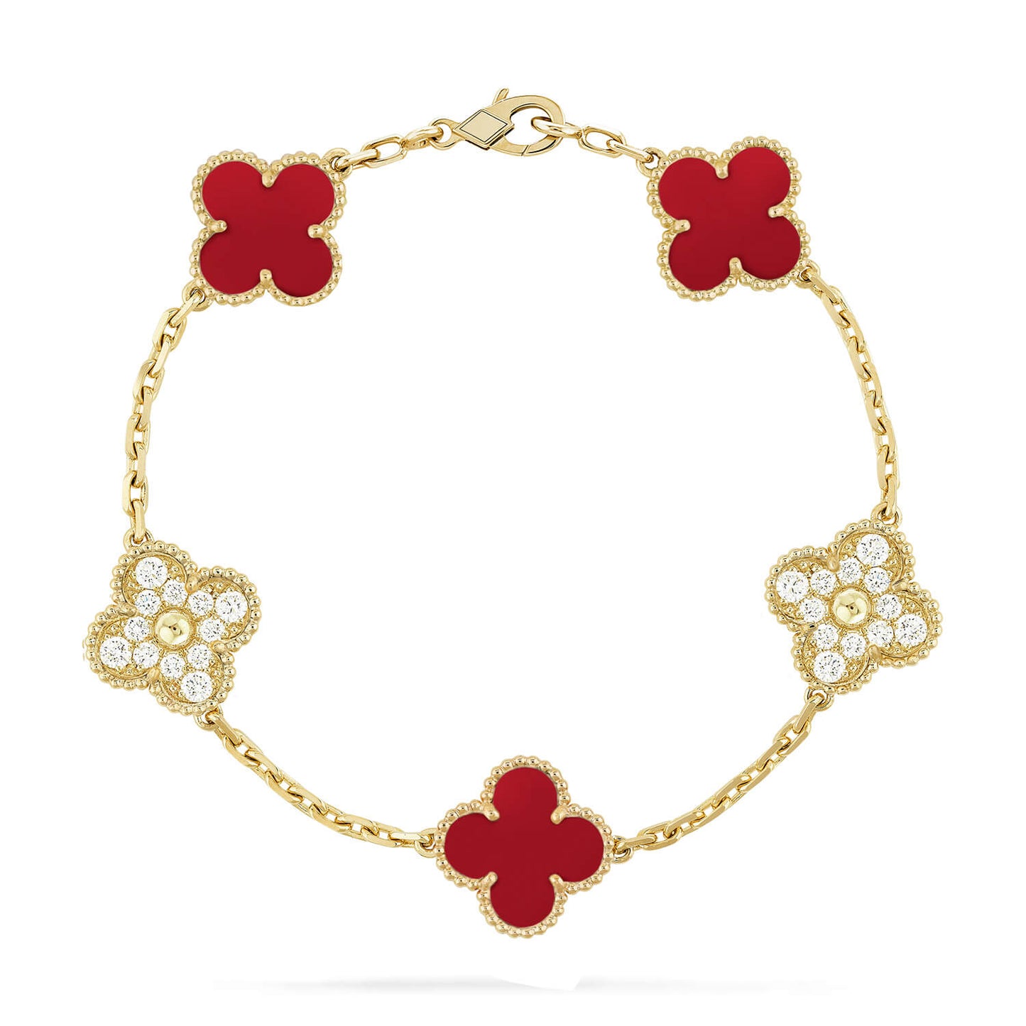 [Joyas Regalia] PULSERA DE DIAMANTES Y CORNALINA CON 5 MOTIVOS DE TRÉBOL