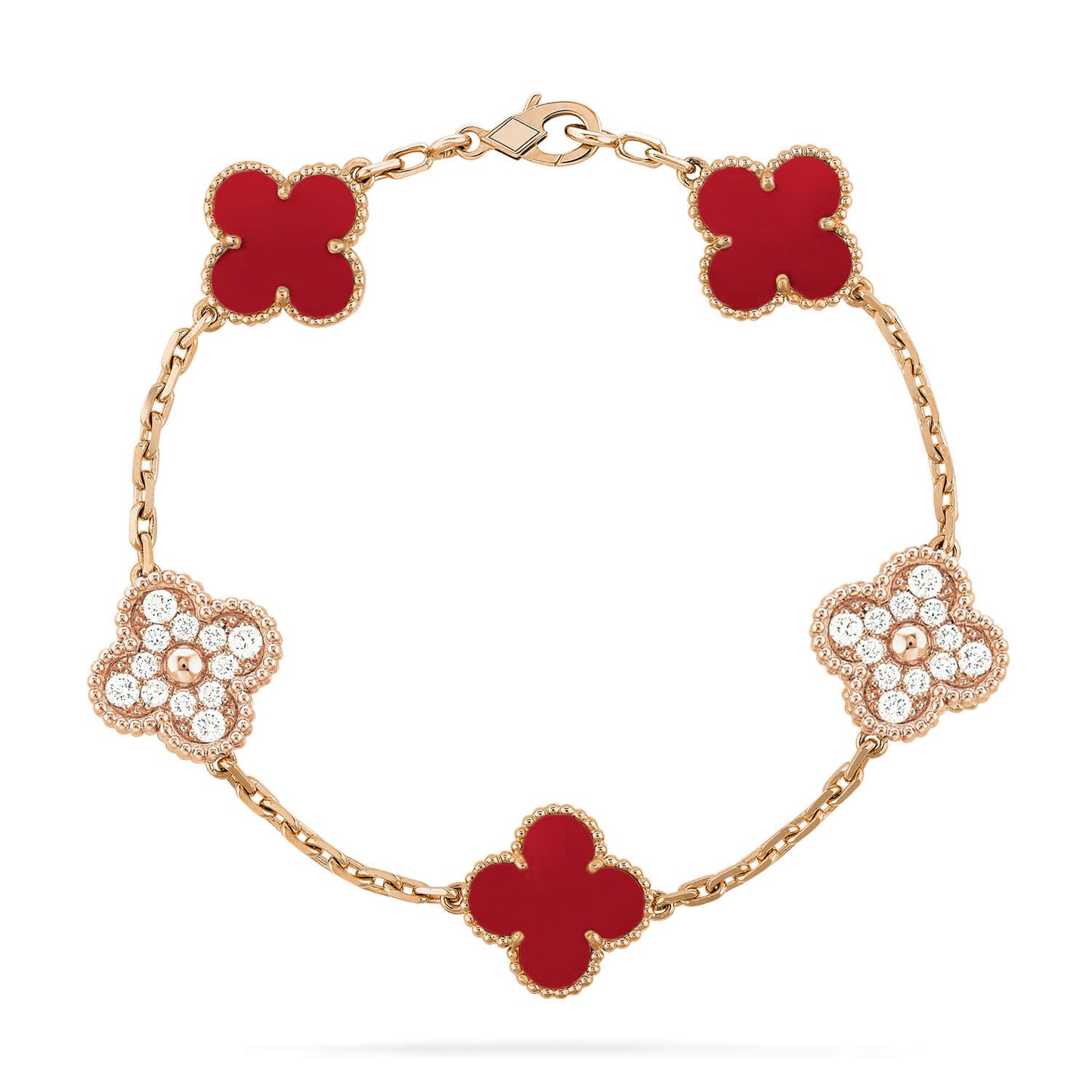 [Joyas Regalia] PULSERA DE DIAMANTES Y CORNALINA CON 5 MOTIVOS DE TRÉBOL