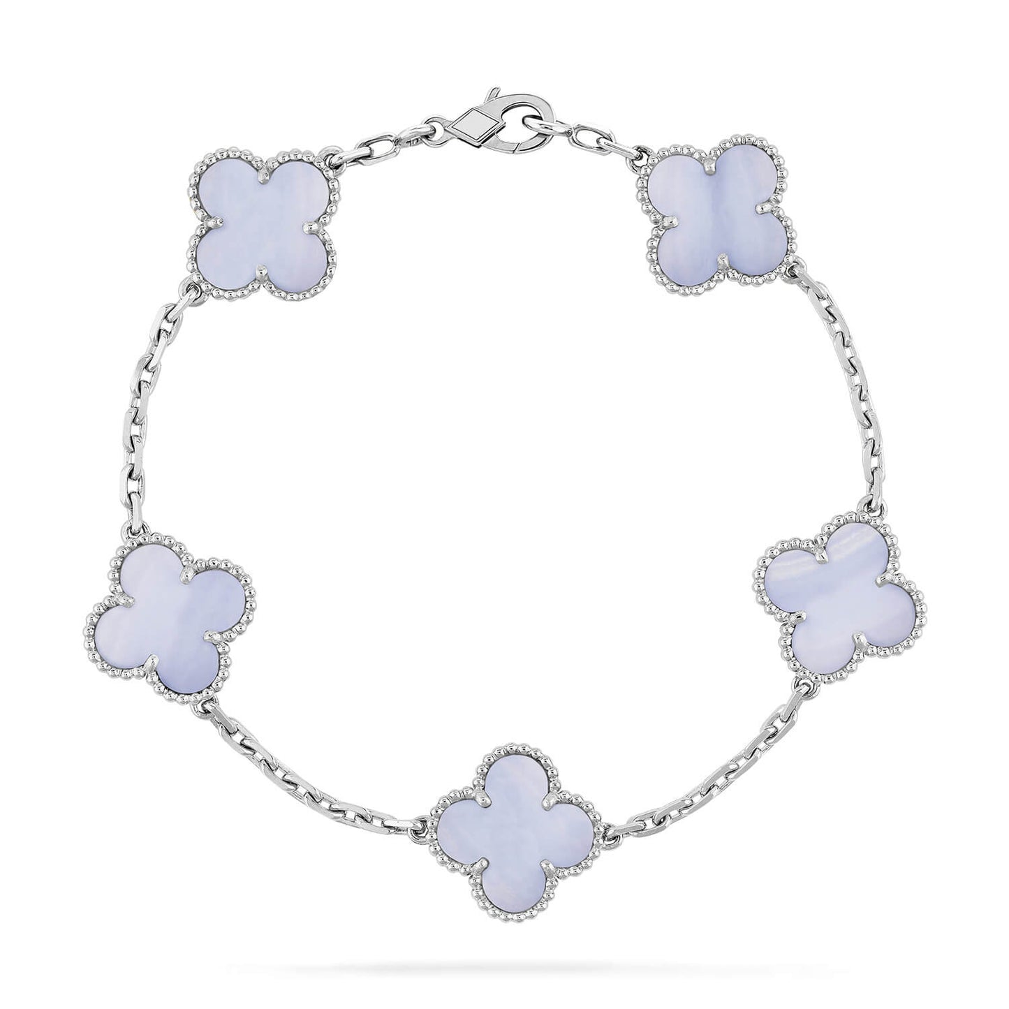 [Joyas Regalia] PULSERA DE PLATA CON 5 MOTIVOS DE TRÉBOL Y CALCEDONIA PÚRPURA 