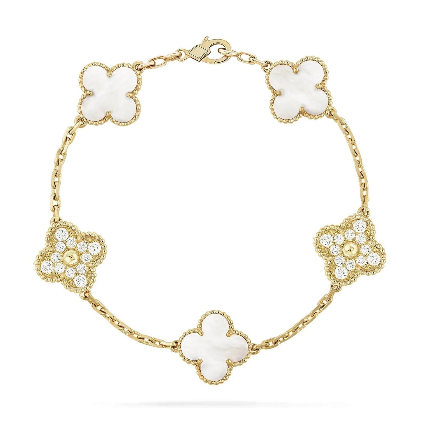 [Joyas Regalia] PULSERA DE TRÉBOL CON 5 MOTIVOS, DIAMANTE Y AZULEJO BLANCO 
