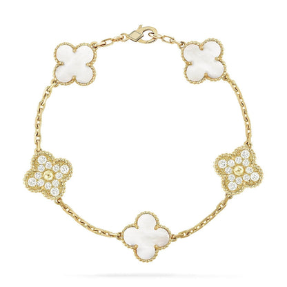 [Joyas Regalia] PULSERA DE TRÉBOL CON 5 MOTIVOS, DIAMANTE Y AZULEJO BLANCO 