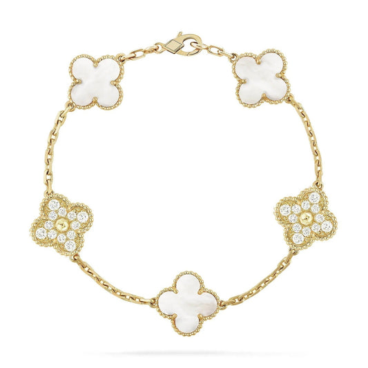 [Joyas Regalia] PULSERA DE TRÉBOL CON 5 MOTIVOS, DIAMANTE Y AZULEJO BLANCO 