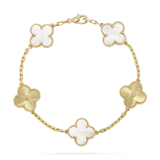 [Joyas Regalia] PULSERA LÁSER DE TRÉBOL CON 5 MOTIVOS DE MOPA BLANCA