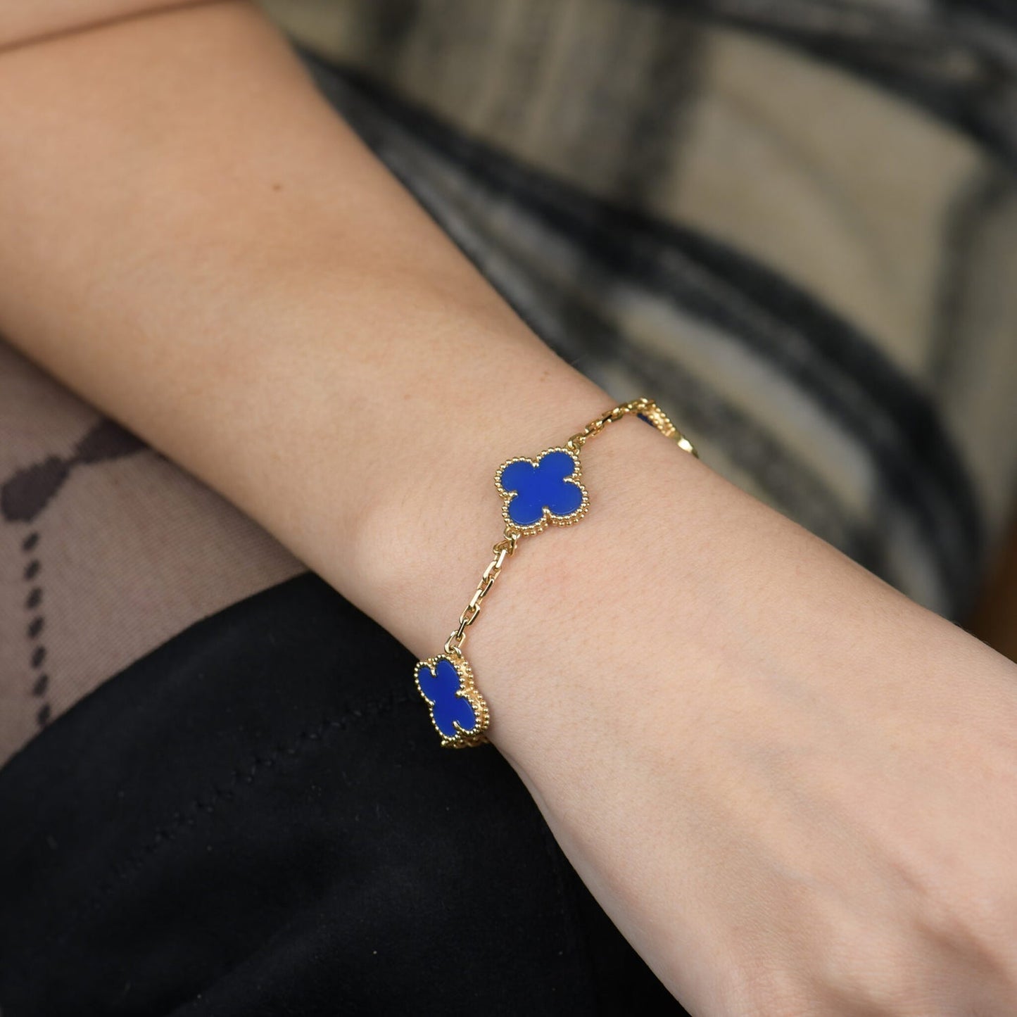 [Joyas Regalia]Pulsera de ágata azul con cinco motivos de trébol