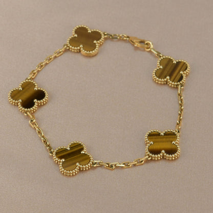 [Joyas Regalia] PULSERA DE OJO DE TIGRE CON 5 MOTIVOS DE TRÉBOL 