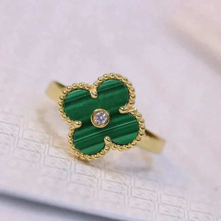 [Bijoux Regalia] BAGUE TRÈFLE MALACHITE OR DIAMANT