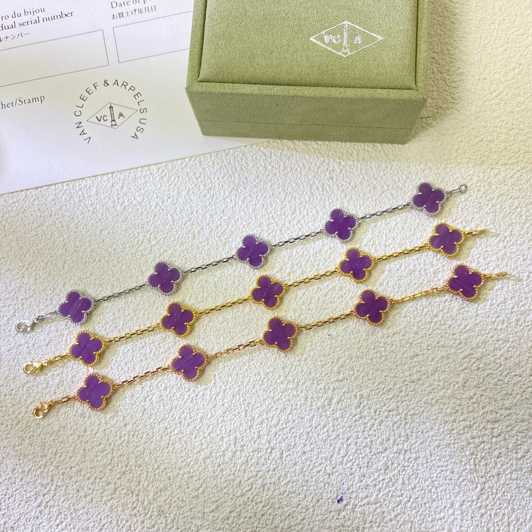 [Joyas Regalia] PULSERA TRÉBOL 5 MOTIVOS PÚRPURA VIOLETA