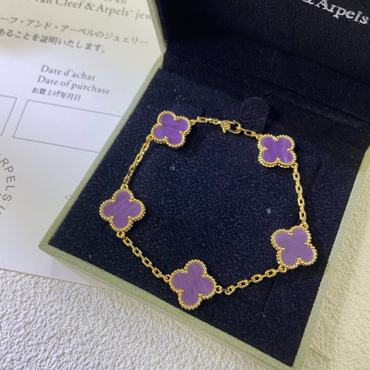 [Joyas Regalia] PULSERA TRÉBOL 5 MOTIVOS PÚRPURA VIOLETA