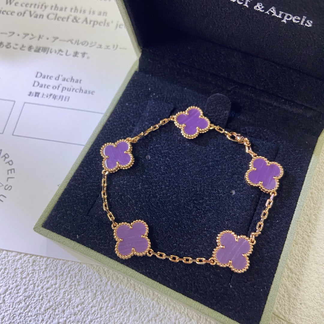 [Joyas Regalia] PULSERA TRÉBOL 5 MOTIVOS PÚRPURA VIOLETA
