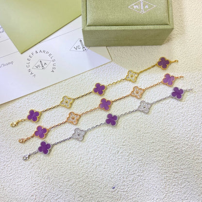 [Joyas Regalia] PULSERA DE DIAMANTES PÚRPURA VIOLETA CON 5 MOTIVOS DE TRÉBOL