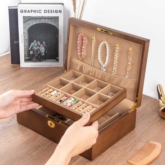BOÎTE À BIJOUX EN BOIS MASSIF AVEC SERRURE RÉTRO