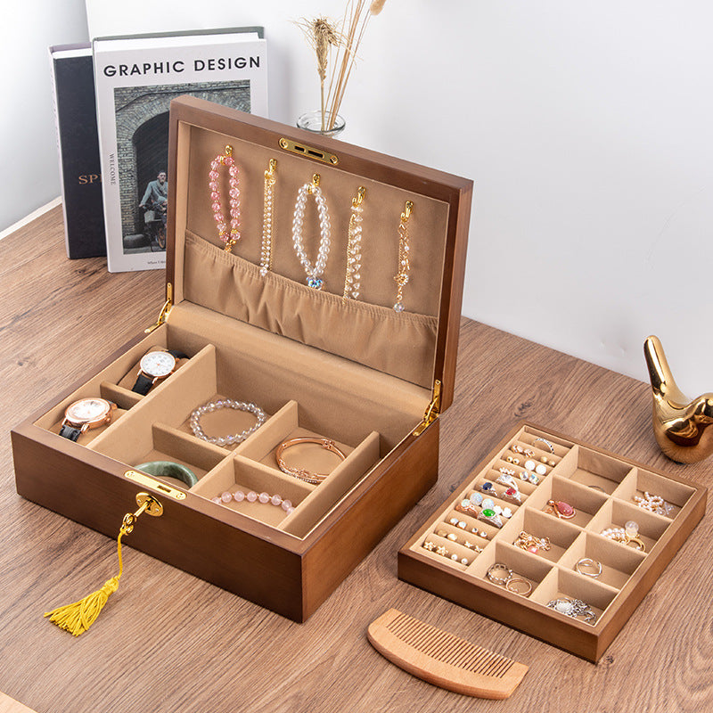 BOÎTE À BIJOUX EN BOIS MASSIF AVEC SERRURE RÉTRO